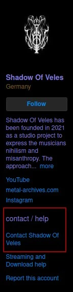 Screenshot of the Bandcamp contact form link
